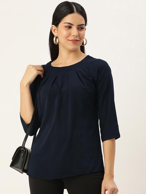 navy blue solid round neck regular top - 20478182 - Very Small Image - 1
