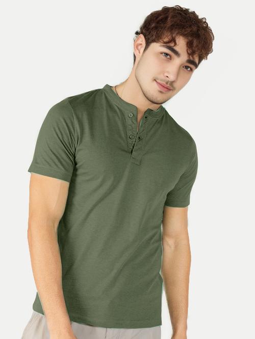 olive solid mandarin neck t-shirt - 20478226 - Very Small Image - 1