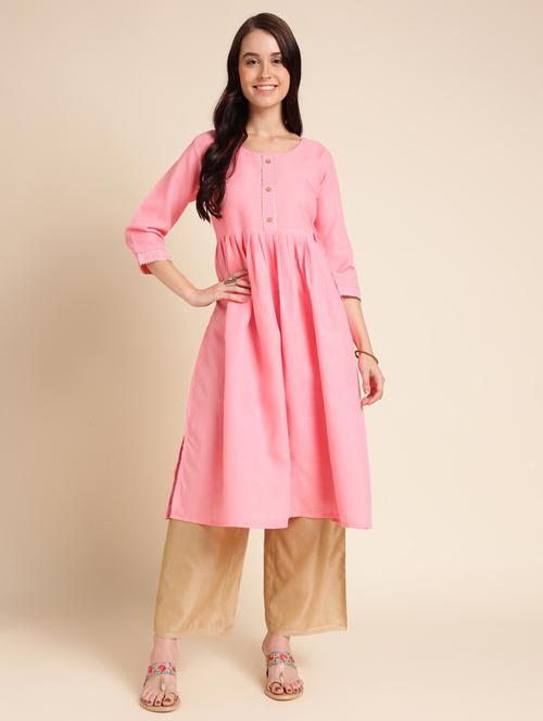 pink three quarter sleeve a-line kurta - 20478302 - Very Small Image - 1