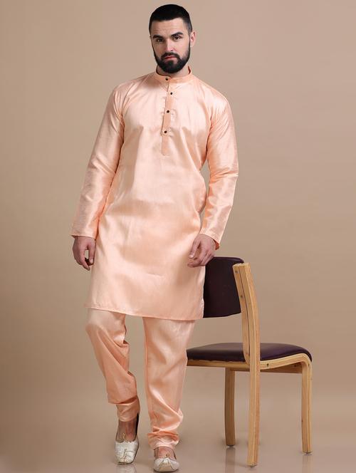 men solid peach cotton silk kurta pyjama ethnic wear set - 20478427 - Very Small Image - 1