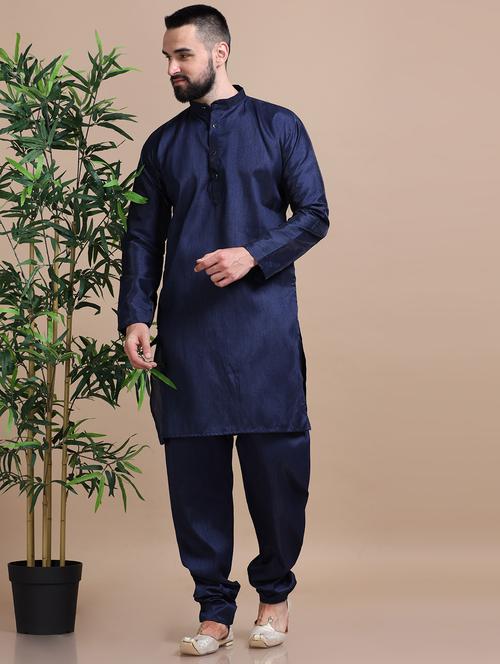 men solid navy blue cotton pathani ethnic wear set - 20478433 - Very Small Image - 1