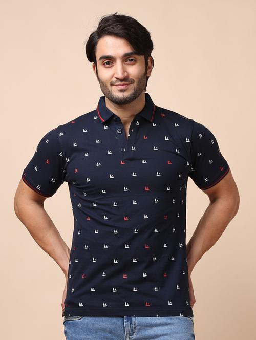 navy blue printed polo t-shirt - 20478523 - Very Small Image - 1