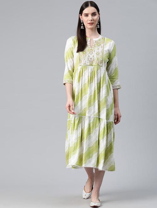 women green mandarin neck flared dress - 20483790 - Very Small Image - 1