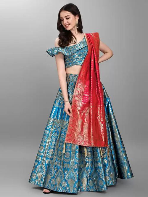 women teal semi-stitched lehenga choli with dupatta - 20483824 - Very Small Image - 1