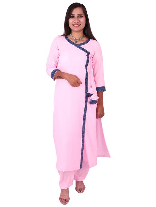 solid contrast piping attached angrakha kurta pant set - 20483931 - Very Small Image - 1