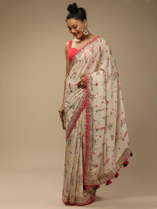 women's floral cream colored saree with blouse - 20484474 - Very Small Image - 1