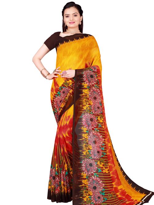 women's floral mustard colored saree with blouse - 20484687 - Very Small Image - 1