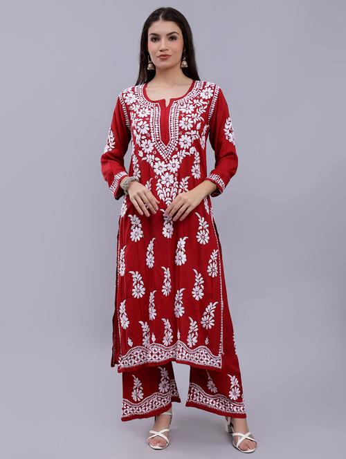red chikankari kurta palazzo set - 20484867 - Very Small Image - 1