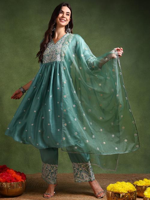 embroidered kurta palazzo set with dupatta - 20484944 - Very Small Image - 1