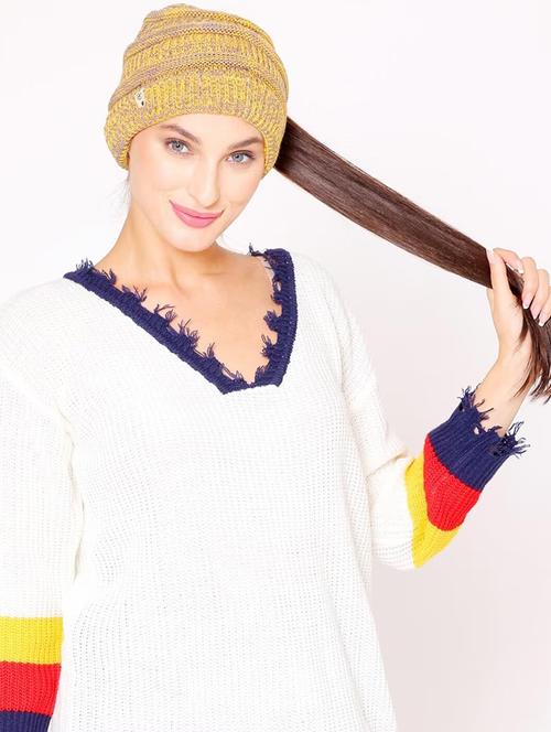 yellow self design winter cap - 20485400 - Very Small Image - 1