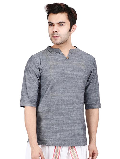 men grey melange cotton blend short kurta - 20485519 - Very Small Image - 1