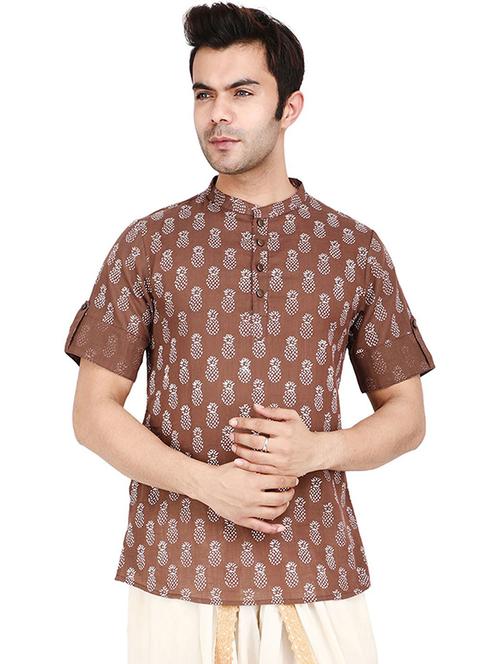 men printed brown cotton short kurta - 20485520 - Very Small Image - 1