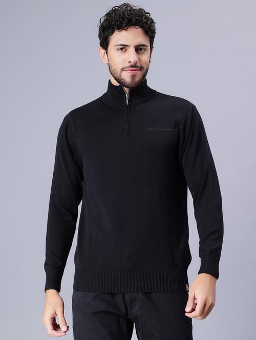 men solid black high neck cotton pullover - 20485641 - Very Small Image - 1