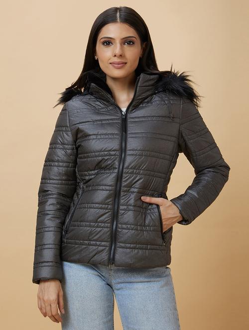 women's solid quilted jacket with fur hoodie - 20485931 - Very Small Image - 1