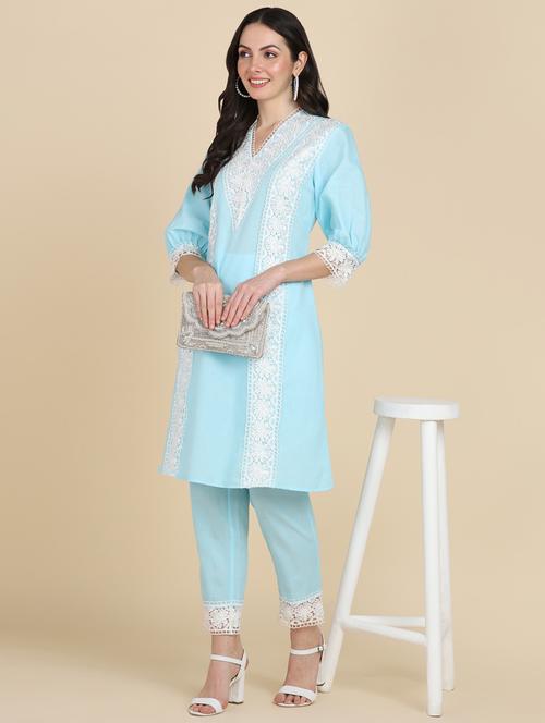 women light blue v-neck kurta pant set - 20486119 - Very Small Image - 1