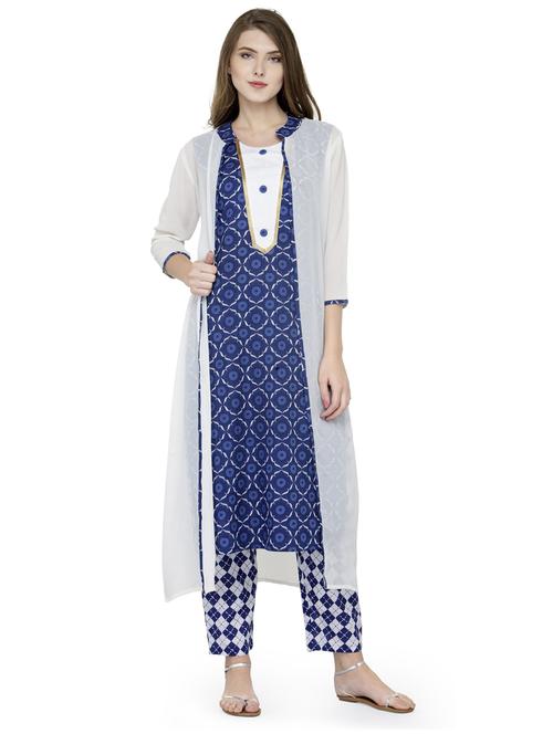 women white & blue mandarin neck kurta pant set - 20486138 - Very Small Image - 1