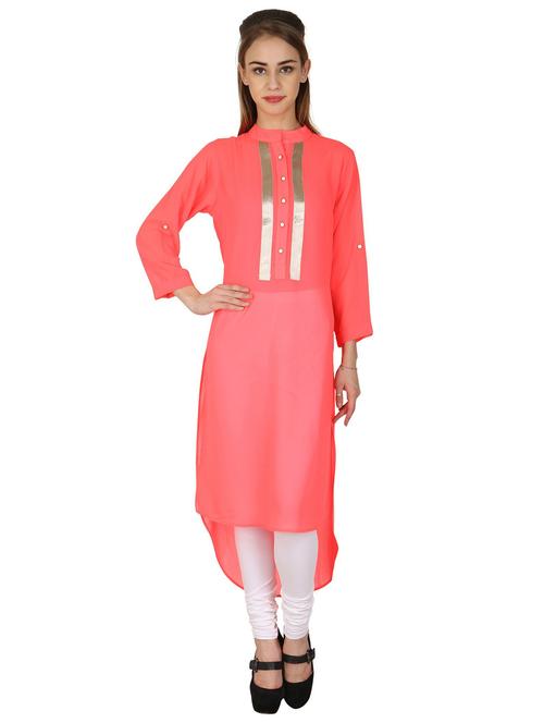 coral solid high low kurta - 20487379 - Very Small Image - 1
