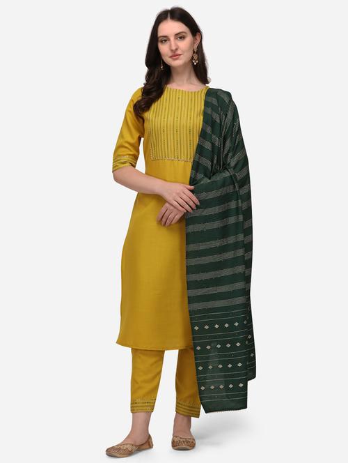 mustard three quarter sleeve kurta pant set - 20487783 - Very Small Image - 1
