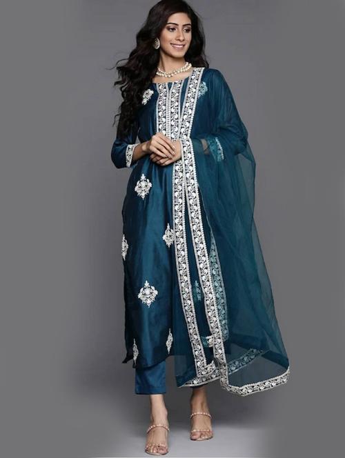 teal three quarter sleeve kurta pant set - 20487785 - Very Small Image - 1