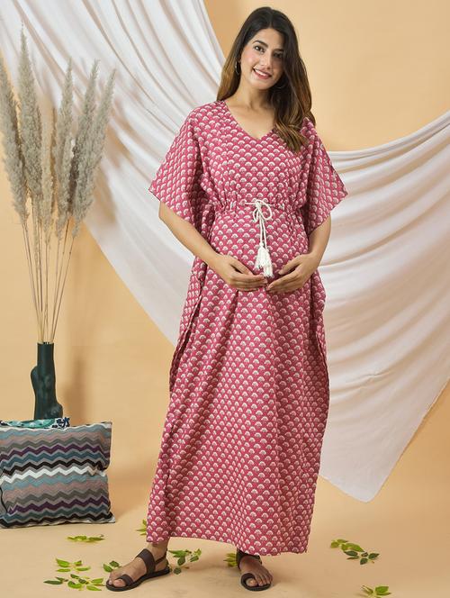 women pink florals printed maternity wear kaftan dress - 20487850 - Very Small Image - 1