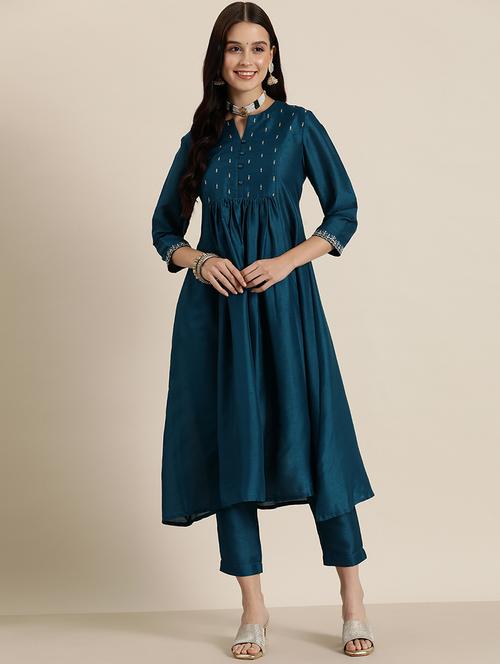 teal art silk aline kurta - 20490481 - Very Small Image - 1
