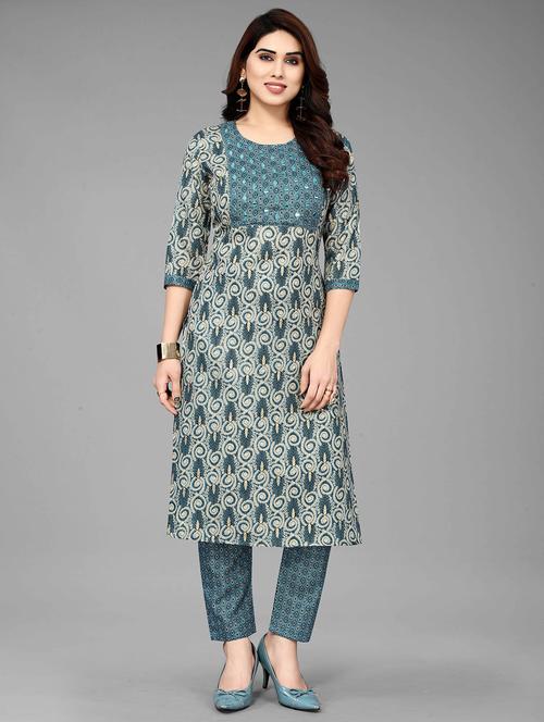 teal three quarter sleeve kurta pant set - 20490568 - Very Small Image - 1