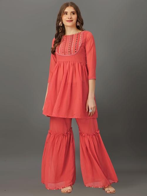 coral three quarter sleeve kurta sharara set - 20490573 - Very Small Image - 1
