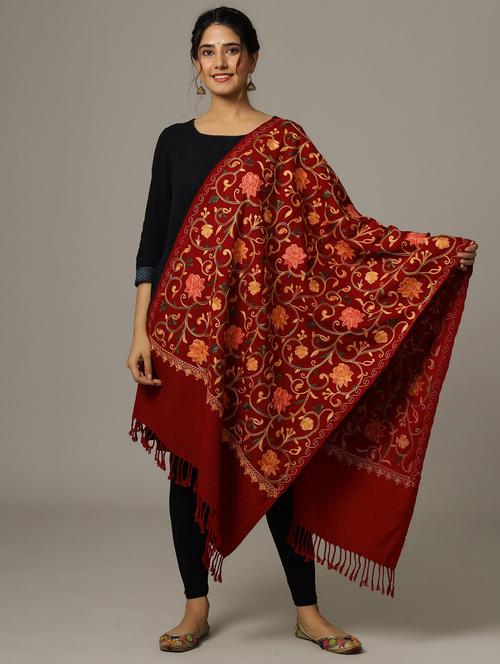 maroon embroidered woolen shawl - 20491901 - Very Small Image - 1