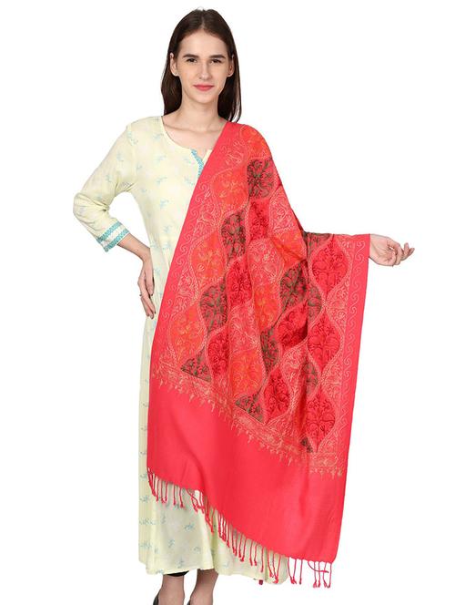 coral embroidered woolen shawl - 20492023 - Very Small Image - 1
