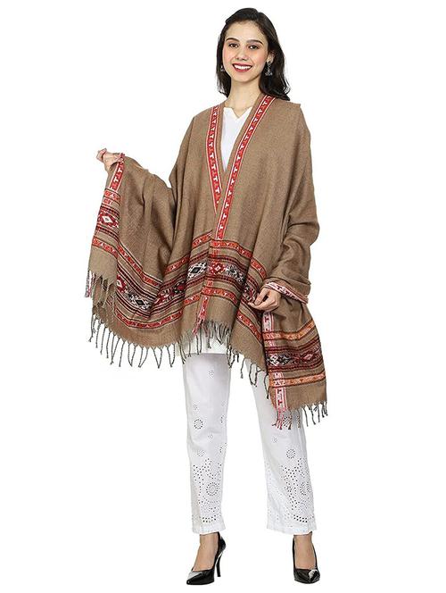 khaki self designed woolen shawl - 20492202 - Very Small Image - 1