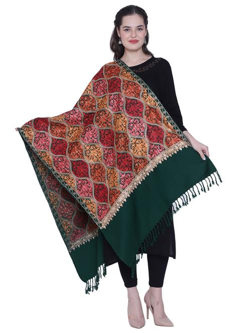 bottle green embroidered woolen shawl - 20492278 - Very Small Image - 1