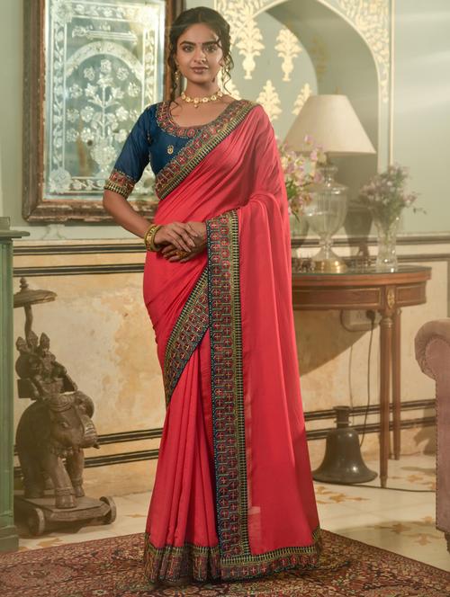 women's bordered royal blue colored saree with blouse - 20495667 - Very Small Image - 1