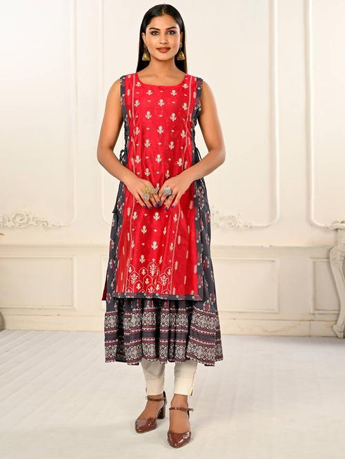 red & steel printed sleeveless layered kurta - 20497522 - Very Small Image - 1