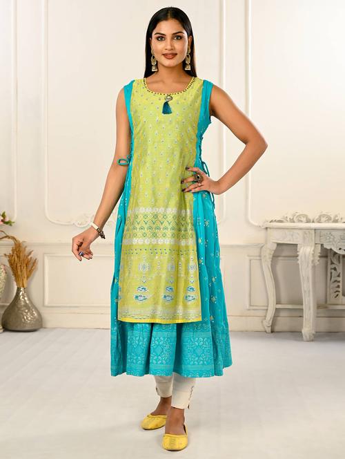 lime & turquoise printed sleeveless layered kurta - 20497529 - Very Small Image - 1