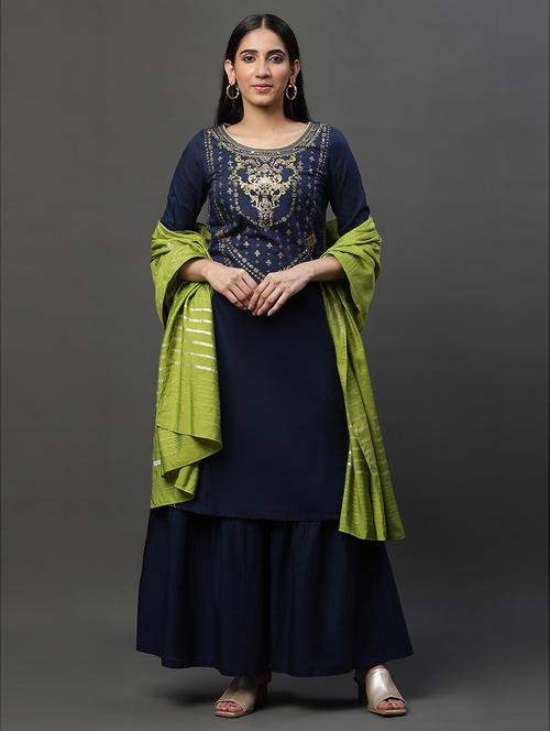women blue round neck kurta sharara set with dupatta - 20497659 - Very Small Image - 1