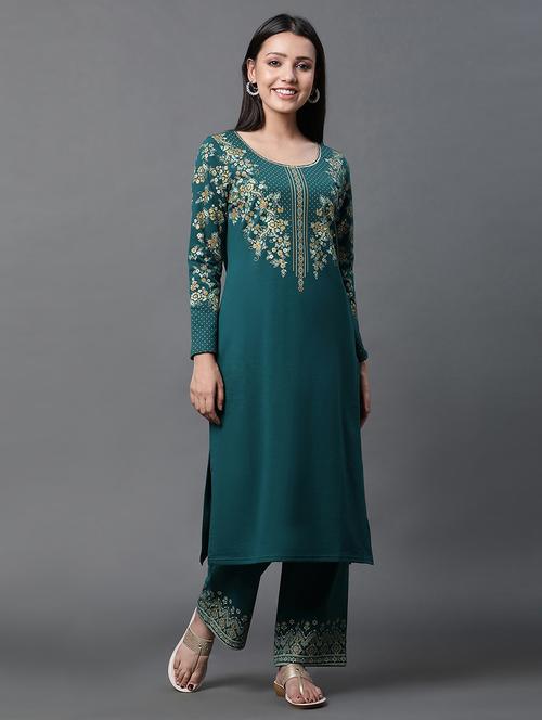 women green round neck kurta palazzo set - 20497678 - Very Small Image - 1