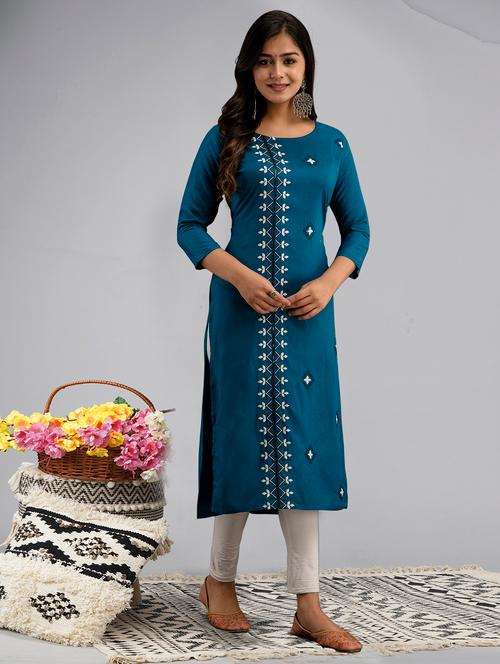 teal embroidered straight kurta - 20499050 - Very Small Image - 1
