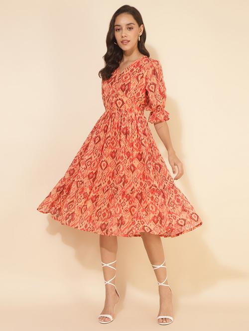 orange printed fit & flare dress - 20501018 - Very Small Image - 1