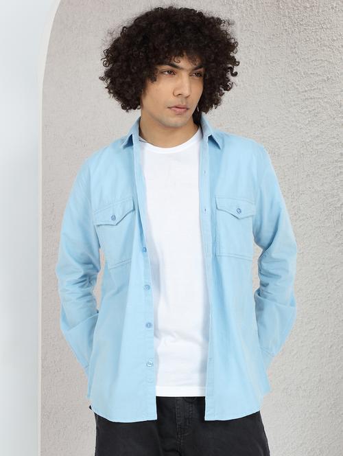 men solid light blue corduroy casual shirt - 20503003 - Very Small Image - 1
