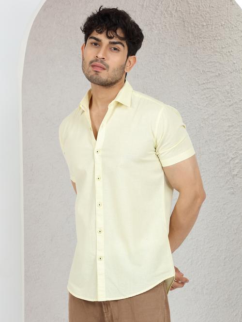 men solid lemon sherbet cotton linen slim fit casual shirt - 20503008 - Very Small Image - 1