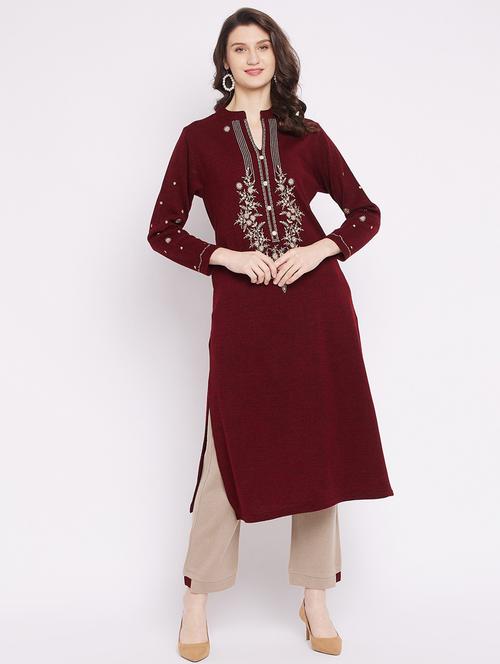 women maroon mandarin neck kurta pant set - 20506629 - Very Small Image - 1
