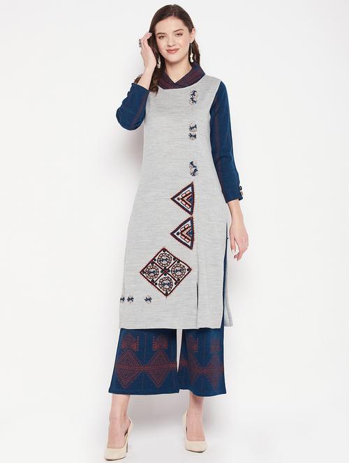 grey self design kurta palazzo set - 20506671 - Very Small Image - 1