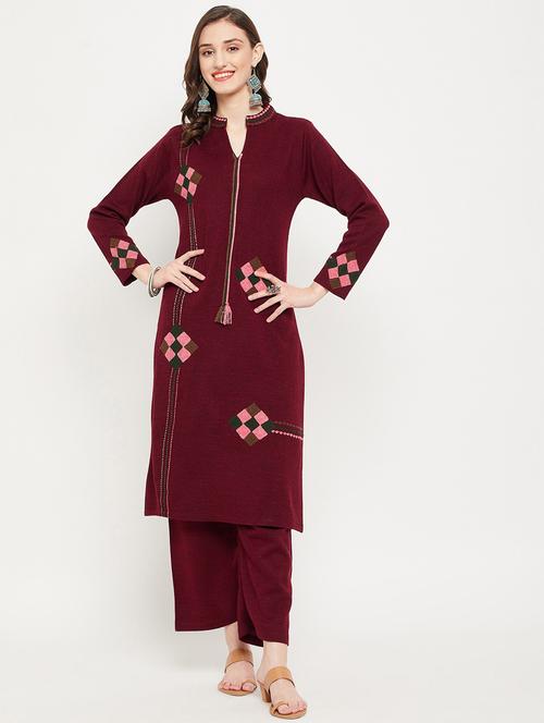 maroon self design kurta pant set - 20506768 - Very Small Image - 1
