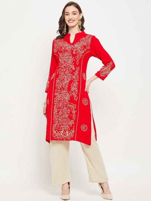 red self design kurta pant set - 20506771 - Very Small Image - 1