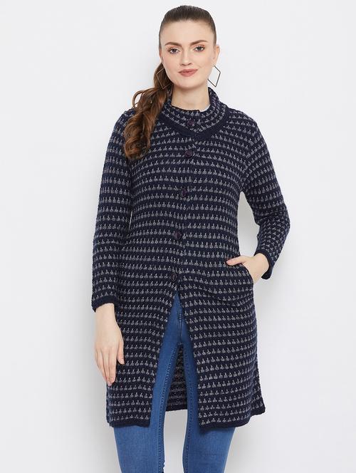 navy blue self designed woolen cardigan - 20507080 - Very Small Image - 1