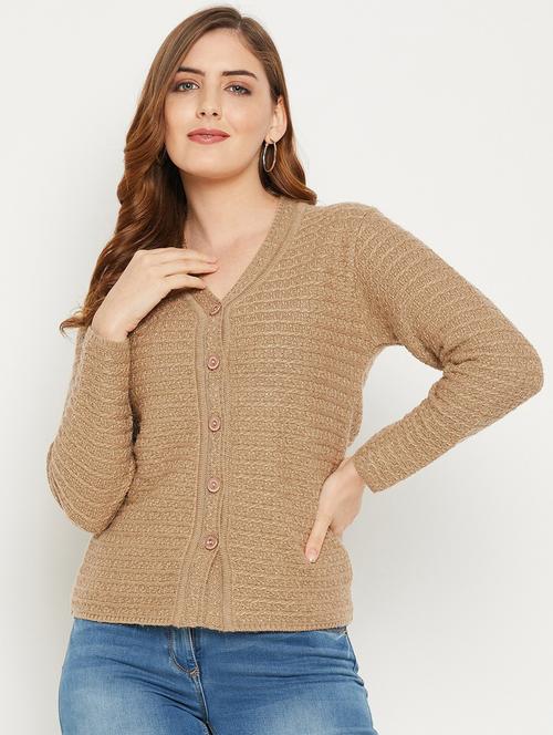 khaki self designed woolen cardigan - 20507120 - Very Small Image - 1