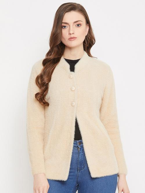 cream solid woolen cardigan - 20507181 - Very Small Image - 1