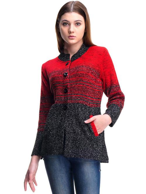 red & black self designed woolen cardigan - 20507324 - Very Small Image - 1