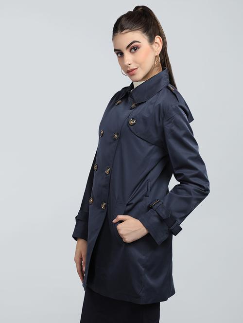 women navy blue tweed trench coat - 20507758 - Very Small Image - 1