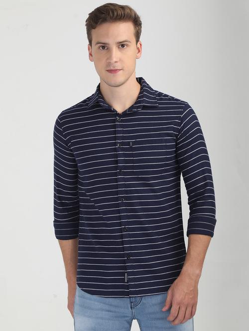 men horizontal striped navy blue cotton slim fit casual shirt - 20508653 - Very Small Image - 1